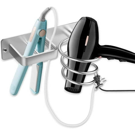ABCISI Hairdryer Holder, Spiral Shelf Bracket Stand Hanger Organizer Blow Storage with Cable Tidy Rack for Bathroom Silver