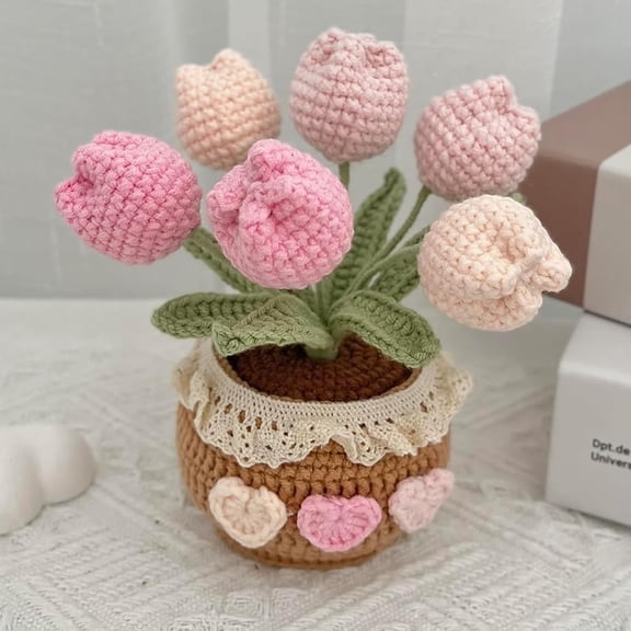ABCISI Handmade Crochet Tulip Bouquet Potted Plants, Knitted Artificial Forever Flowers with Exquisite Pot, Gift to Friends Women Kids, Perfect for Home Decorations, Office Desk(Pink)