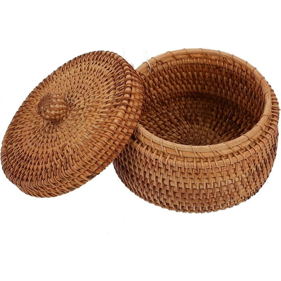 ABCISI Handwoven Rattan Storage Box, Small Wicker Basket with Lid for Desktop, Multipurpose Storage Organization for Fruit Snack Cotton Swabs, Rustic Home Decor, 5.59X5.51X3.07 Inch