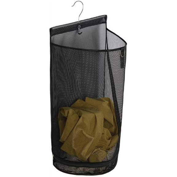 ABCISI Hanging Semi Round Storage Mesh Bag, Collapsible Laundry Hamper Basket with Durable Hanger, Breathable Fast Drying Laundry Bag, Space Saving Laundry Basket for Dorm, RV & Bathroom (Black)