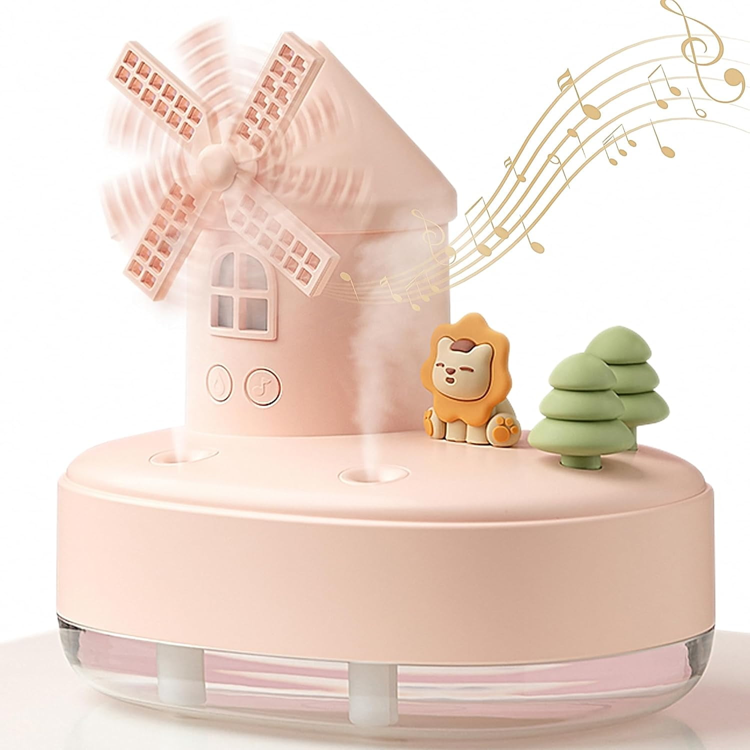 ABCISI Humidifier for Bedroom, Baby Humidifier with Rotating Windmill and Music Box, Double Spray Nozzles, Dual Mist Modes and Ambient Light, Gift for Children, Suitable for Bedroom and Office, Pink