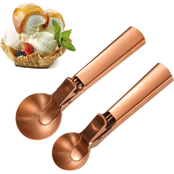 ABCISI Ice Cream Scoop,2Pcs Portable Stainless Steel Icecream Scoop Spoon with Trigger and Comfortable Handle, Melon Baller Scooper Cones, Food Scoop for Frozen Yogurt Sundaes Fruit Cookie, Rose Gold