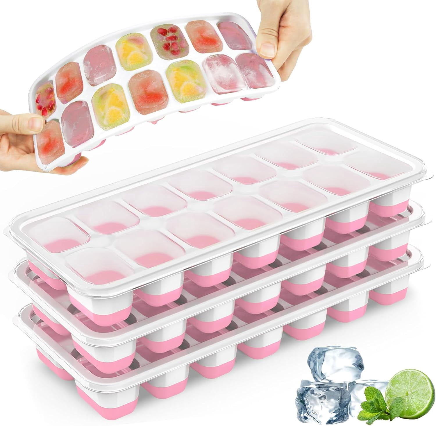ABCISI Ice Cube Tray with Lid, 4 Pack Silicone & Plastic Ice Cube Trays for Freezer, BPA Free, Stackable Ice Maker Trays for Freezer, Easy-Release and Flexible Ice Trays for Cocktail, Coffee, Tea