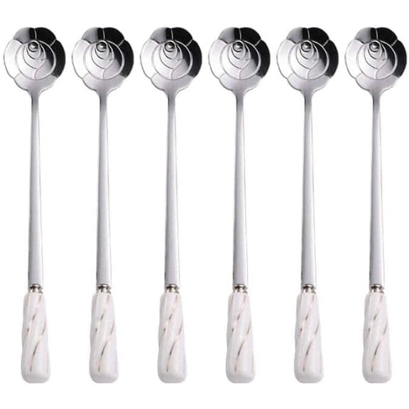 ABCISI Iced Tea Spoon, Stainless Steel Coffee Sugar Mixing Spoons for Dessert Cake Mixing Drinks Appetizer, Stirring Spoon with Delicate Ceramic Handle Rose Shape, White & Silver- Set of 6