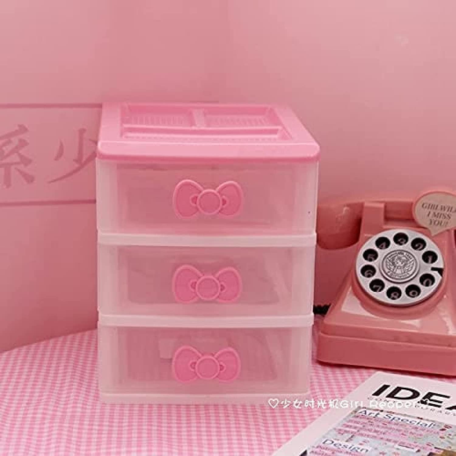 ABCISI Kawaii Desk Organizer, Kawaii Room Accessories Room Decor with Pink Bowknot , Lovely Girls Receiving Storage Cabinets Box, Room Desktop Makeup Organizer With Three-tier Desk (3 Layers)