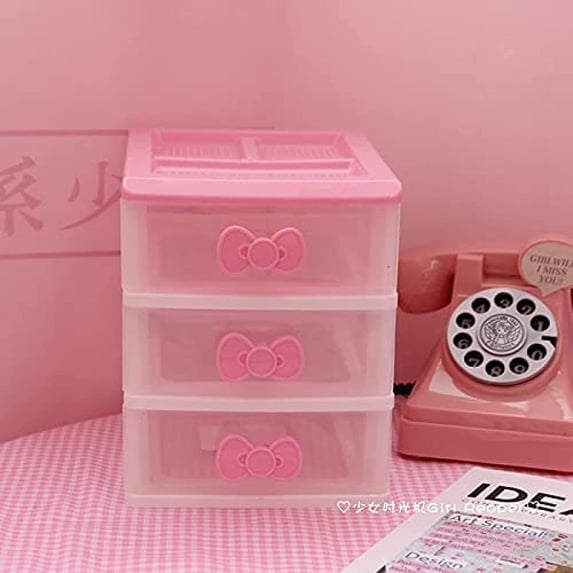ABCISI Kawaii Desk Organizer, Kawaii Room Accessories Room Decor with Pink Bowknot , Lovely Girls Receiving Storage Cabinets Box, Room Desktop Makeup Organizer With Three-tier Desk (3 Layers)