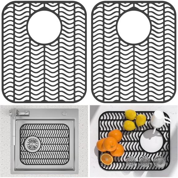 ABCISI Kitchen Sink Mats, 2PCS Non-Slip Heat Resistant Silicone Sink Mats Protectors,  Protect Sink from Stains, Damage, Scratches, Dishwasher Safe Grid Mat for Kitchen, 13.58 x 11.6 Inch, Black