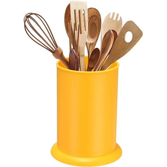 ABCISI Kitchen Utensil Holder, 5x6.5" Plastic Utensil Cutlery Holder for Straw, Spoon, Chopstick, Round Flatware Organizer with Drain Hole for Kitchen Restaurant Countertop, Yellow
