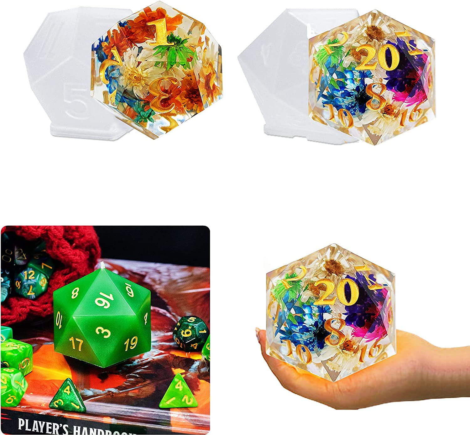 ABCISI Large Silicone Polyhedral Dice Molds, 2 Styles with D20 and D12 Resin Casting Molds for DIY Dice, Jewelry, Candles, Crafts Board RPG Games, White