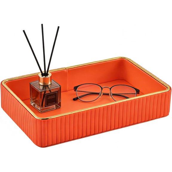 ABCISI Leather Valet Tray, Modern Design Organizer Tray for Nightstand Desk, Trinket Dish Storage Key Bowl Decorative Trays for Perfume Phone Wallet Jewelry Watch, Bedroom Vanity Tray,Orange