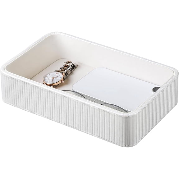 ABCISI Leather Valet Tray Organizer, Modern Nightstand Organizer Bedside Desktop Storage for Women and Men, Decorative Perfume Trinket Catchall Vanity Tray for Key Watch Wallet (10.2", White)