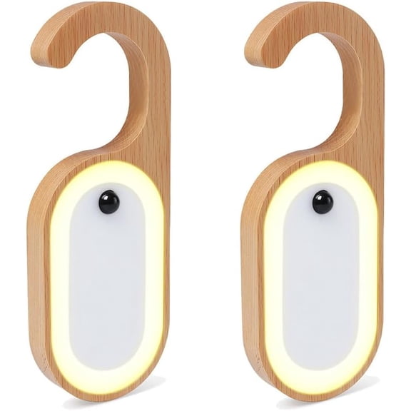 ABCISI Message Motion Sensor Light, Portable Doorknob Memo Board Night Light with Stickers, Wooden Battery Rechargeable Warm LED Lamp for Bedroom Bathroom, Hanging Doorhandle Lighting (Beech 2Pack)