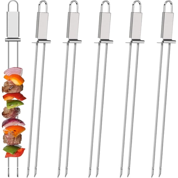 ABCISI Metal Skewer for Grilling, Stainless Steel BBQ Stick with Push Bar, Double Pronged Kebab Tool Quick Release Meat, Chicken, Vegetable and Fruit (6 Pieces), 2.8 x 32.5 cm/ 1.1 12.8 inch