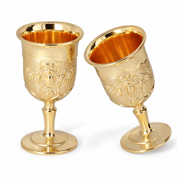 ABCISI Mini Gold Goblets, 25 mL Metal Altar Chalice Cups with Vintage Embossed Design for Communion, Wine, Liqueur, Whiskey, Ceremony, Party Decor and Display, 2Pcs