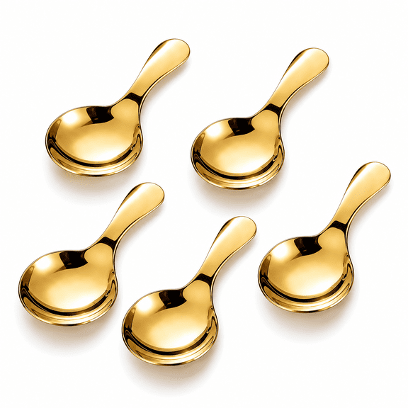 ABCISI Mini Scoop Spoons, 5 Pcs 3.5 Inch Stainless Steel Gold Serving Spoons, Short Handle Scoops for Coffee, Sugar, Salt, Spices, Candy, Nuts, Ice Cream, Desserts and Canisters