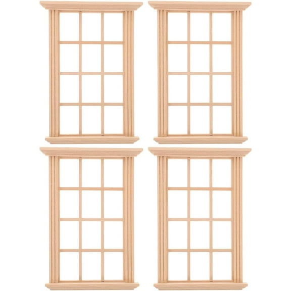 ABCISI Miniature Dollhouse Furniture Wooden Window: 1: 12 Scale Miniatures Wood Windows for Doll House 4pcs Mini Window Frame Model Mini DIY Shutters Craft Accessories for Dolls Houses Decoration