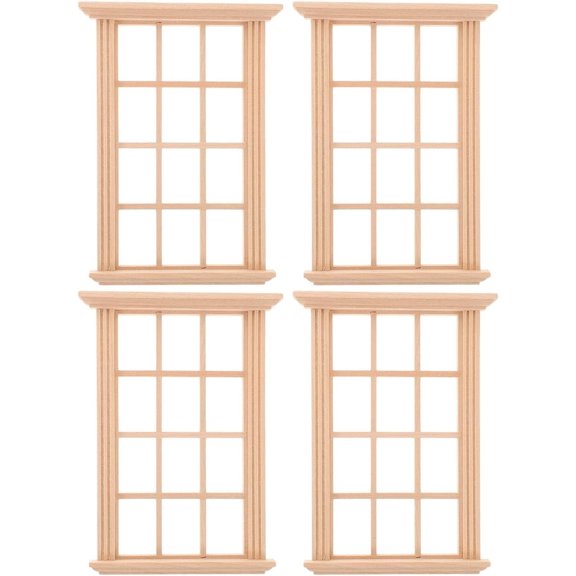ABCISI Miniature Wooden Windows, 1/12 Scale Dollhouse Window Frames, Unfinished Wood Mini House Accessories for DIY Models, Room Boxes, Crafts and Dollhouse Decor, 4 Pcs