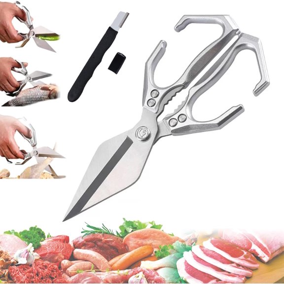 ABCISI Multifunctional Heavy-Duty Kitchen Shears with Large Blade Design, 2 in 1 Poultry Shears Scissors with Ergonomic Handle and Inner Serrated Edge for Cutting Chicken Meat Seafood Bone(Silver)