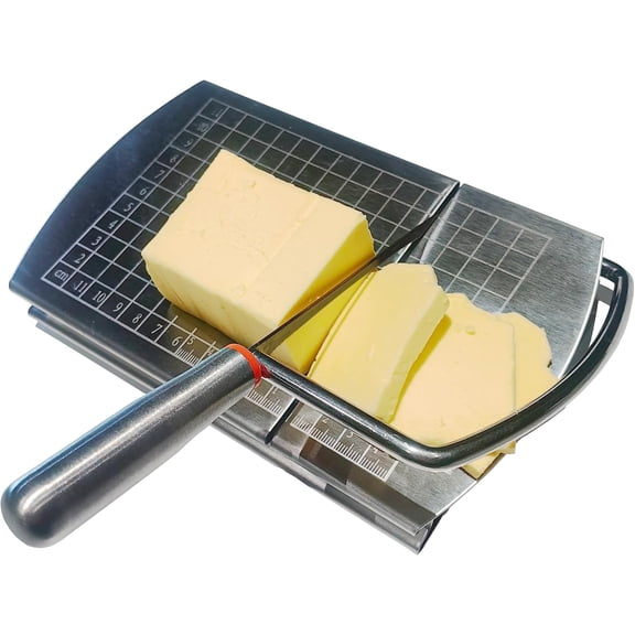 ABCISI Multipurpose Cheese Slicers, Stainless Steel Cheese Cutter with Non Slip Base and Precise Scale for Block Cheese, Butter, Sausages, Soft Vegetables and Fruits, Silver