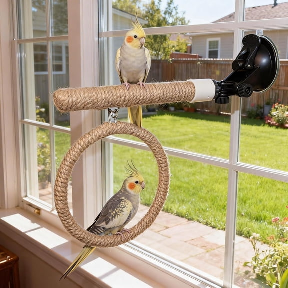 ABCISI Natural Flax Bird Perch Stand with Strong Suction Cups | Movable Parrot Training Perch for Window/Mirror/Car/Tiles | Universal for Budgie, Cockatiel, Conure (Perch Stand with Swing)