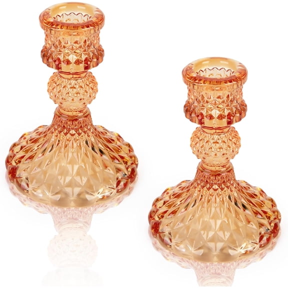 ABCISI Nordic Crystal Glass Candle Holder,2PCS Decorative Candlestick Holder Pillar Candle Stand for Romantic Dinner Formal Events Wedding Party Table Centerpieces,Home Decoration,Diamond Amber Color