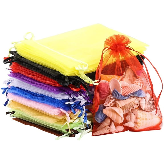 ABCISI  Organza Bags, 200Pcs 4"x6" Drawstring Jewelry Pouches for Wedding- Black Mesh Gift Pouches for Jewelry, Candy, Makeup (mix color)