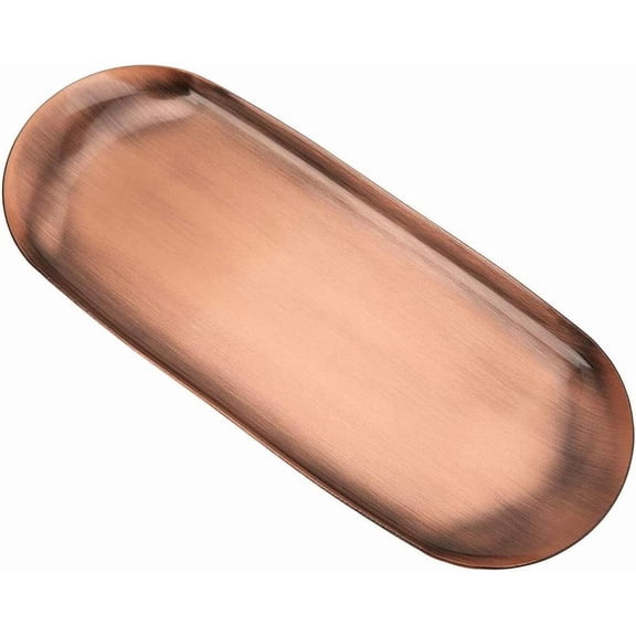 ABCISI Oval Metal Trays, Stainless Steel Serving Plate Tray for Tea Fruit Snacks, Decorative Tray for Candle,Cosmetics,Jewelry,Perfume & Key,Storage Tray for Bathroom Vanity Office Desk(1,Red Copper)