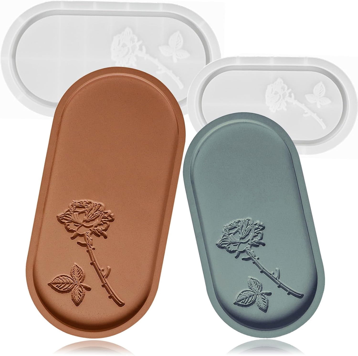 ABCISI Oval Tray Molds for Resin Concrete, 2 Size Rose Carved Oval Silicone Tray Mold, Epoxy Resin Casting Mold for Jewelry Holder Bathroom Vanity Tray Candle Holder Storage, Floral Crafts Gift