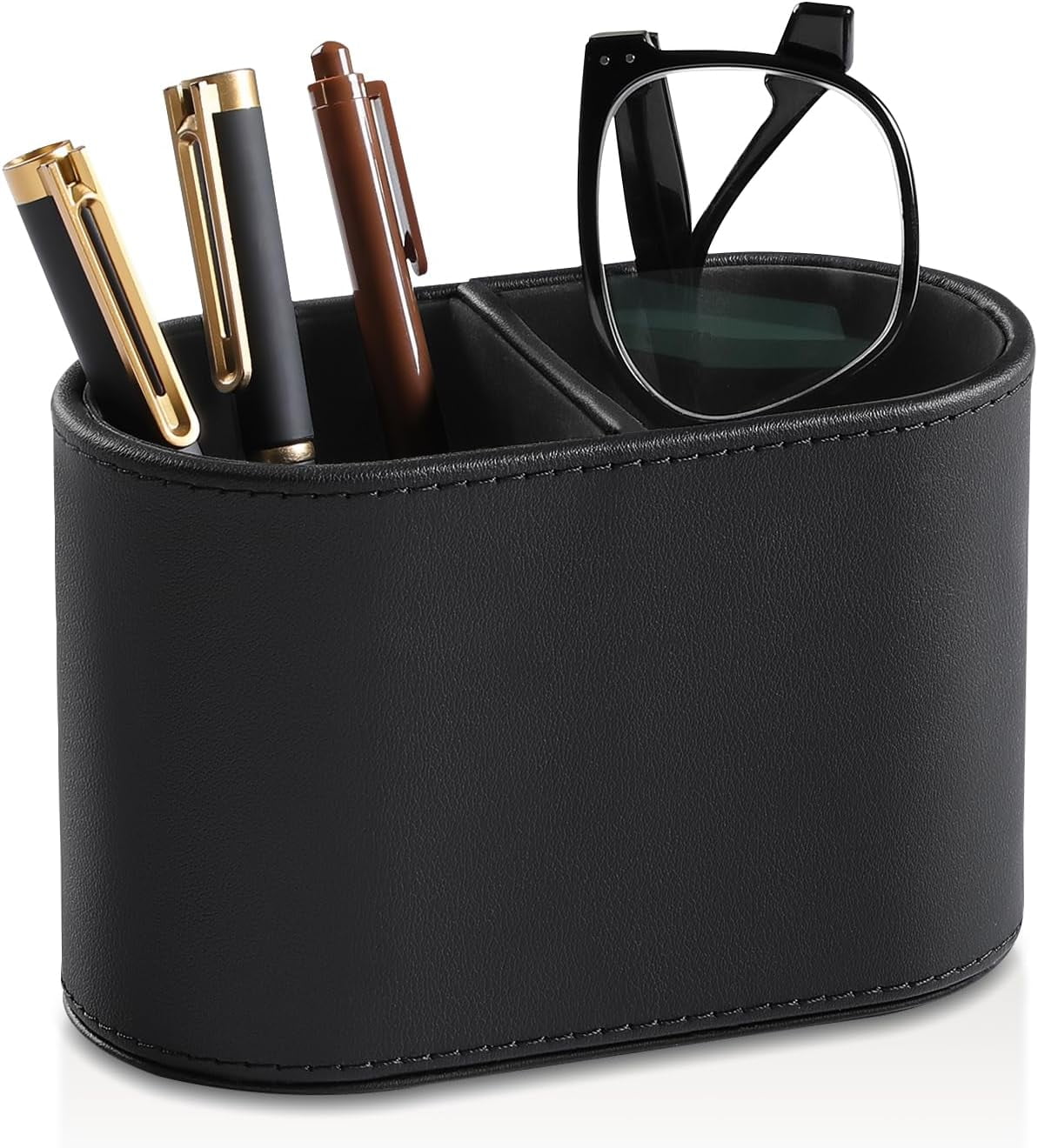 ABCISI PU Leather Pen Holder for Desk, Small Remote Control Holder Pencil Cup Multifunctional Desktop Organizer Caddy for Home School Office Desk Accessories - 2 Compartments (Black)