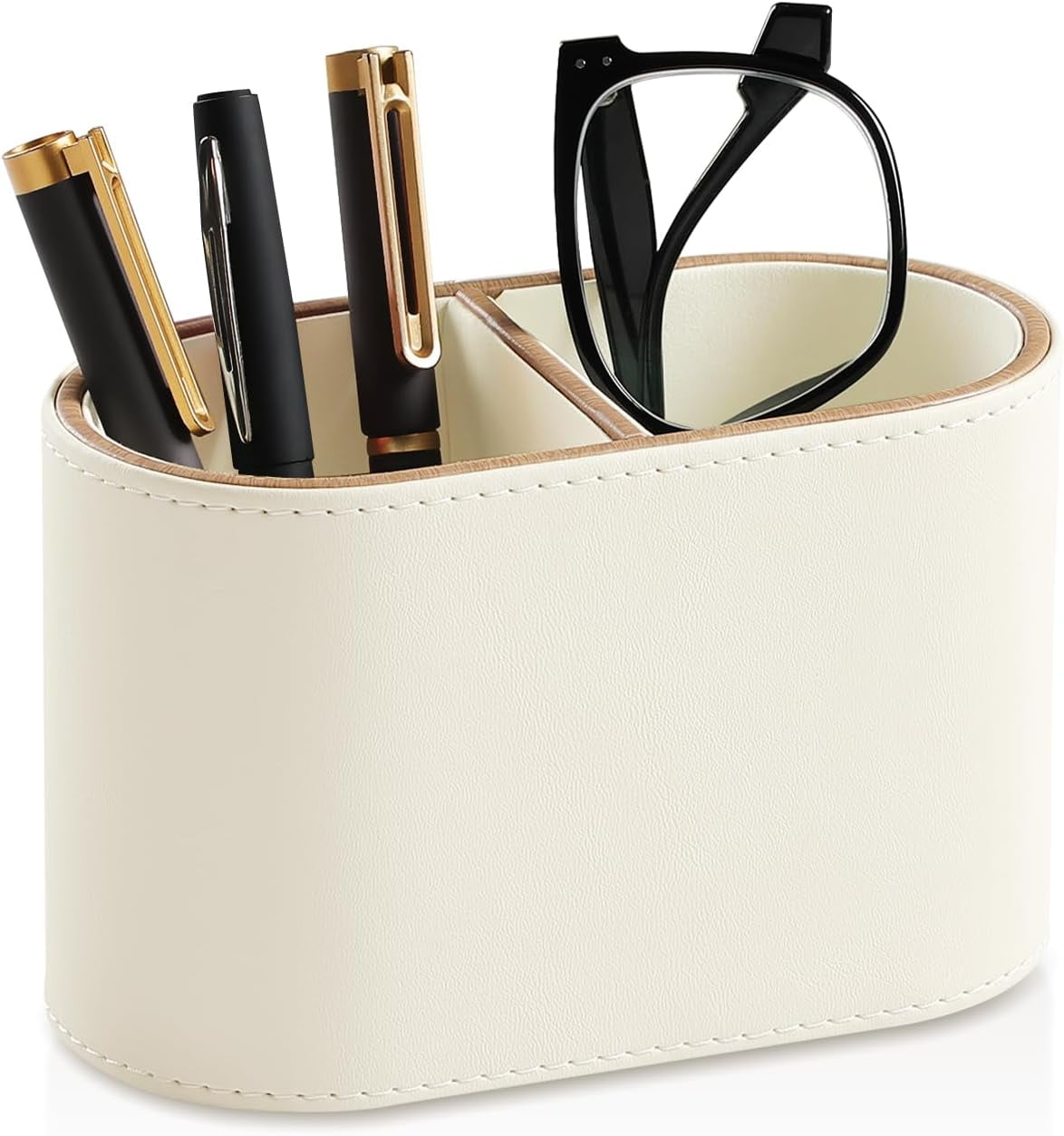 ABCISI PU Leather Pen Holder for Desk, Small Remote Control Holder Pencil Cup Multifunctional Desktop Organizer Caddy for Home School Office Desk Accessories - 2 Compartments (Beige)