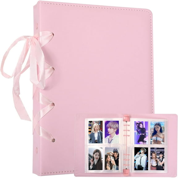 ABCISI Photocard Binder - 6 Ring Kpop Photocard Binder with 20 Pack 4-pocket Card Pages, PU Leather Kpop Collect Book, Pink Binder Album for Organizing K-pop Photocards