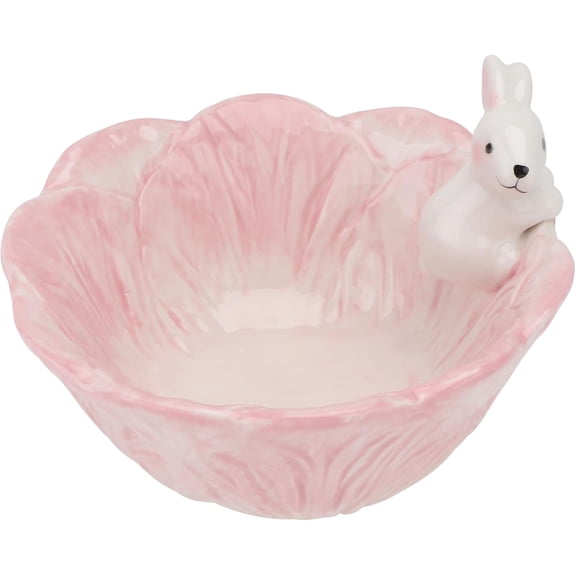 ABCISI Pink Ceramic Bunny Bowl, 5.9 Inch Cabbage Leaf Shaped Rabbit Dish for Easter Candy Dessert Snack, Cute Porcelain Animal Cereal Soup Serving Bowl for Home Kitchen Table Decoration