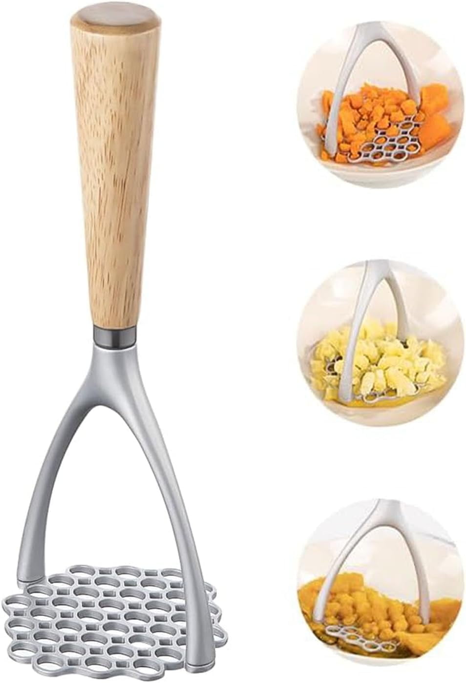 ABCISI Potato Masher with Wooden Handle, Heavy Duty Aluminum Potatoes Masher, Manual Potato Press, Kitchen Tool for Avocado, Potatoes, Beans, Vegetables, Professional Integrated Masher