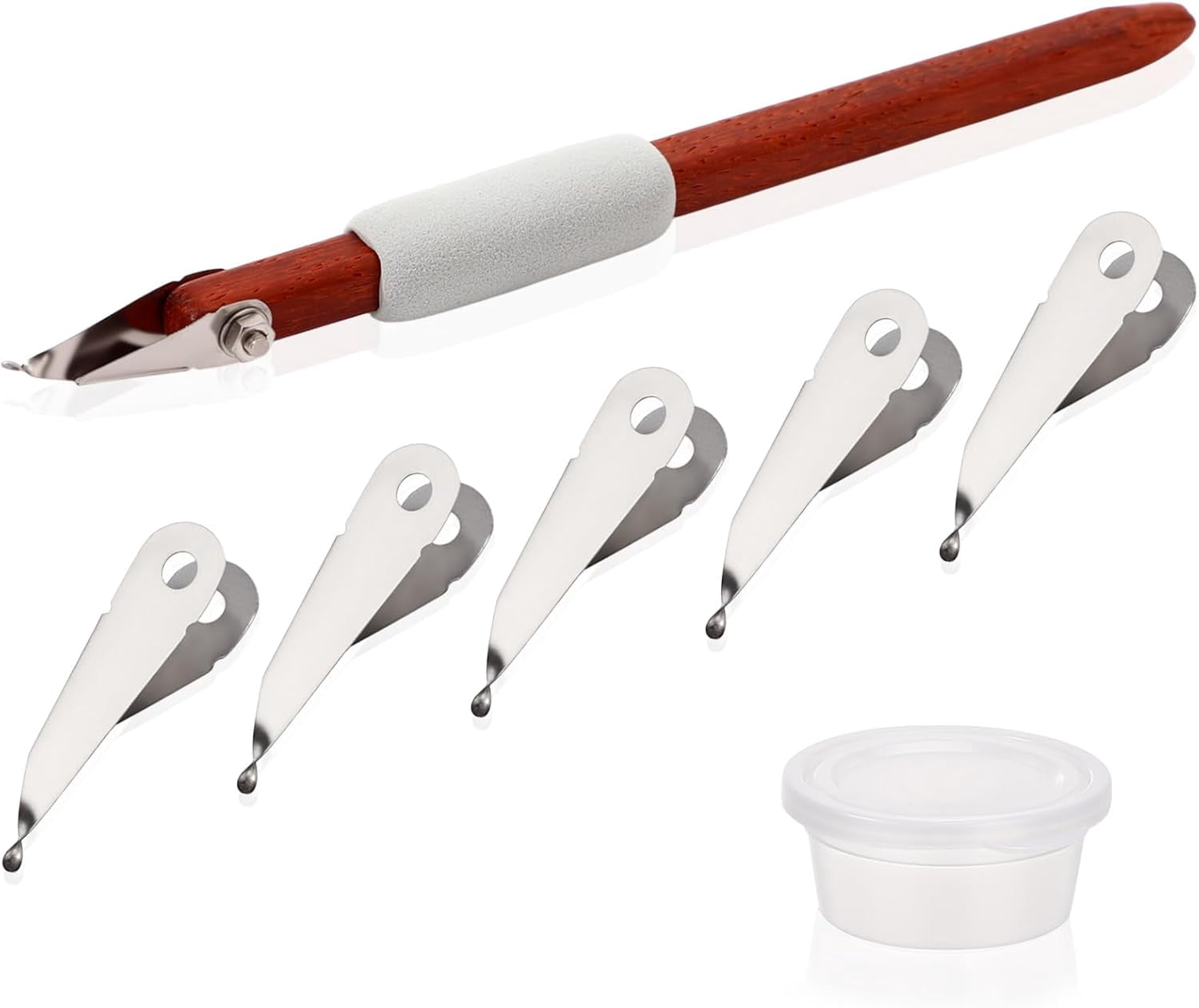 ABCISI Pottery Carving Tools Set Include 5 Stainless Steel Blades & Red Pear Wood Handle, Sculpture Scraper Craft Modelling Tools for Clay, Ceramic Sculpting, Graffito, Relief Art(Fine Tip)
