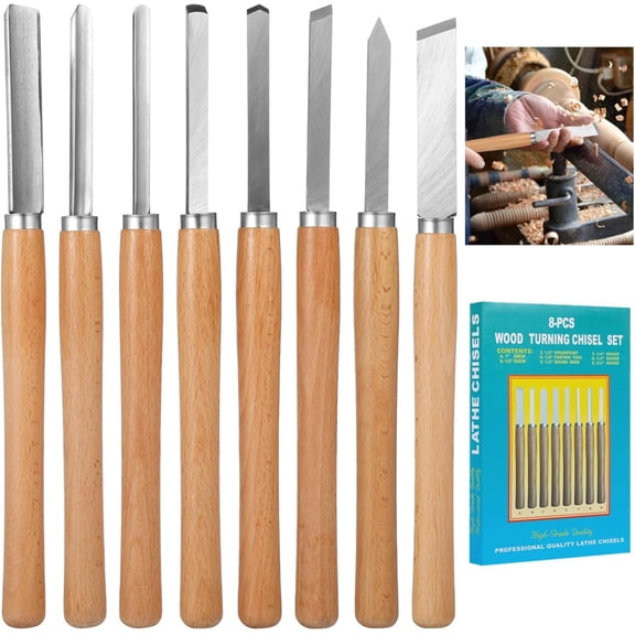 ABCISI Professional Wood Turning Chisel 8 pcs Set, Lathe Chisel Set With Steel Blades, 2 Skew 1 Spear Point 1 Parting 1 Round Nose & 3 Gouge Tools for Beginners, Hobbyists and Professionals