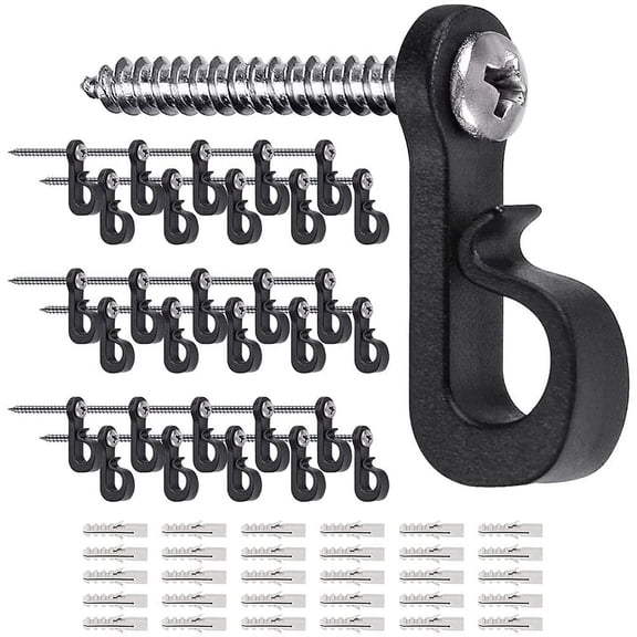 ABCISI Q Shaped Hanger Hooks for Outdoor String Lights, Screw-in Christmas Hooks, Indoor/Outdoor Clips for Hanging Fairy and Patio Lights (Black, 30Pcs)