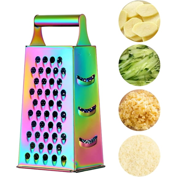 ABCISI Rainbow Cheese Grater, Handheld Grater for Kitchen, Stainless Steel 4 Sided Cheese Grater with Handle for Grinding Shredding & Slicing, Dishwasher Safe
