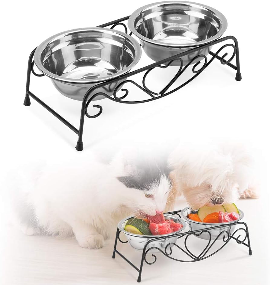 ABCISI Raised Pet Bowls, Stainless Steel Double Dog Cat Food Water Bowls, Feeder Dishes Shelf Stand, Retro Iron Elevated Pet Bowl Stand for Family, 10.2 X 5.5 X 3.3