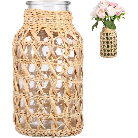 ABCISI Rattan Woven Glass Vase for Flowers, 6.3 Inch Wicker Wrapped Floral Container, Boho Farmhouse Table Centerpiece for Pampas Grass, Rustic Woven Bottle Decor for Table Centerpiece, 6.29in