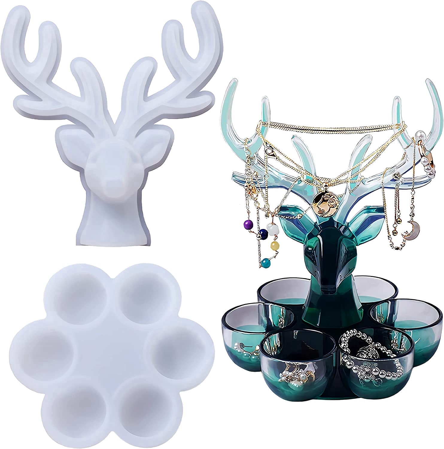 ABCISI Resin Kits and Molds Complete Set, Silicone Resin Mold Storage Boxes with Deer Handicraft Resin Mold Kit, 6 Bowl-Shaped Boxes for Candlestick, Candy, Makeup and Jewelry Containers