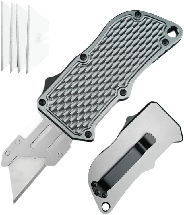 ABCISI Retractable Box Cutters Utility Knife, Replaceable Blade Pocket Knife With Clip, With 5pcs Spare Blades, Lightweight Aluminum Handle for Outdoor And Indoor EDc, Camping & Survival