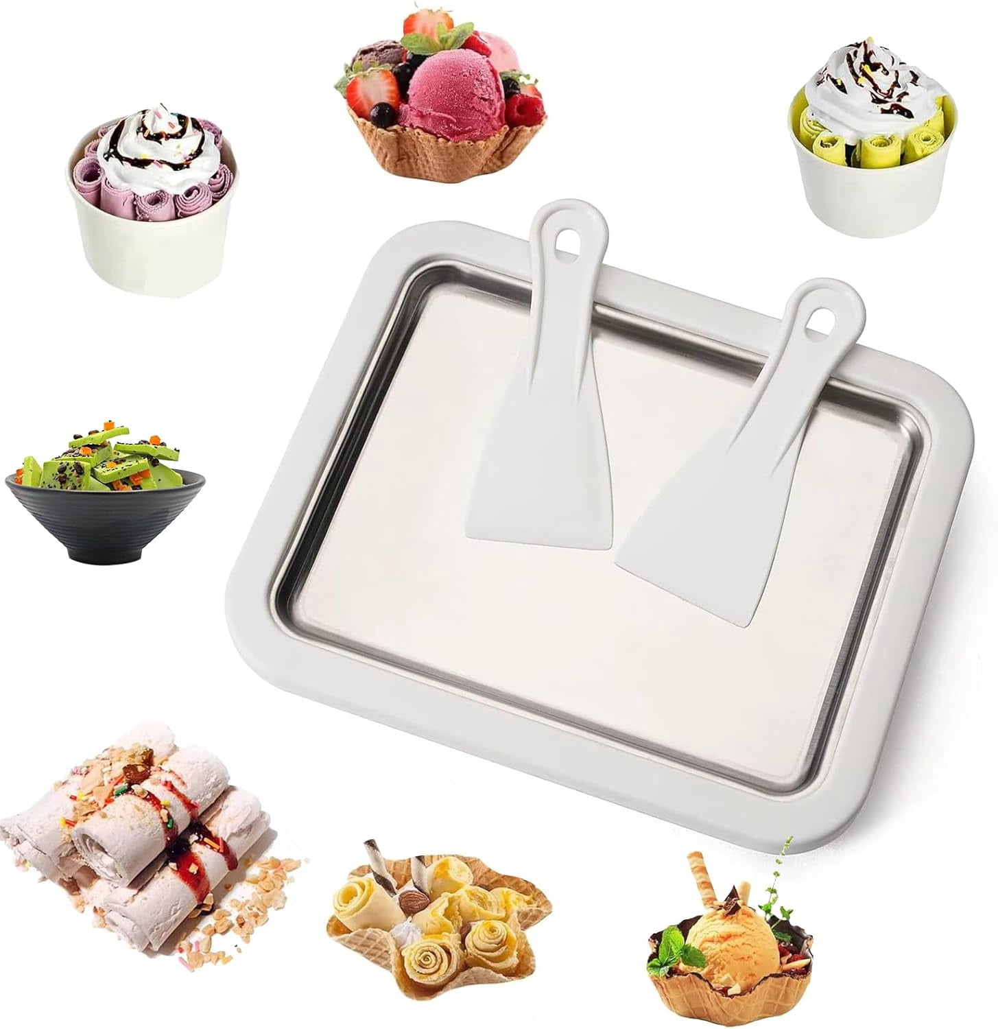 ABCISI Rolled Ice Cream Maker Kit, At Home Rolled Ice Cream Maker, Manual Rolled Ice Cream Machine, DIY Rolled Ice Cream Tray for Kids & Adults with 2 Scrapers for Families and Parties (White)