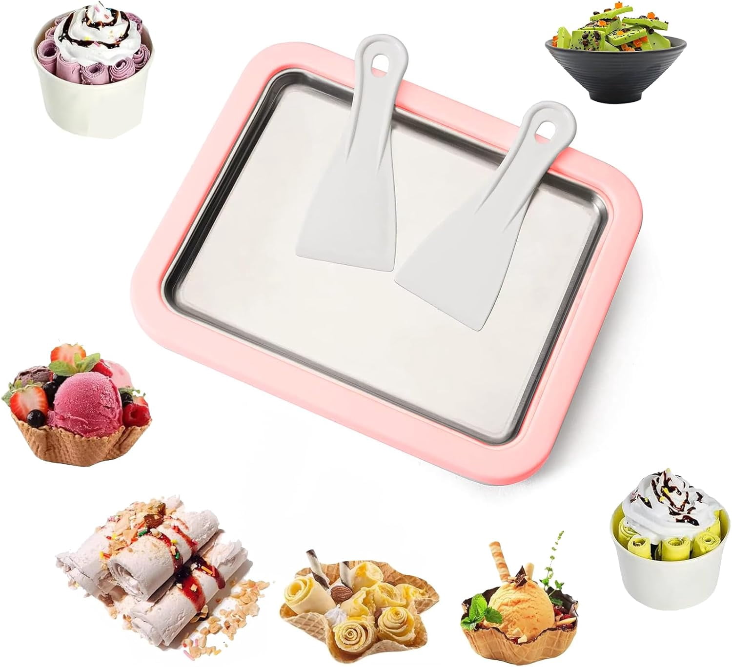 ABCISI Rolled Ice Cream Maker Kit, At Home Rolled Ice Cream Maker, Manual Rolled Ice Cream Machine, DIY Rolled Ice Cream Tray for Kids & Adults with 2 Scrapers for Families and Parties(Pink)