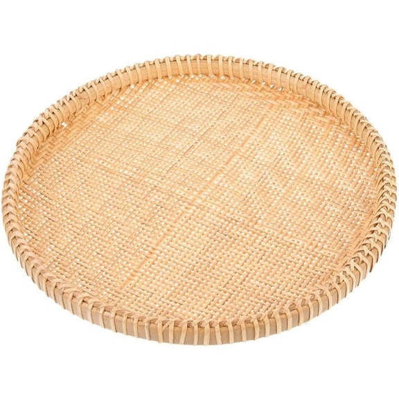 ABCISI Round Bamboo Woven Tray, 10inch Hand Weave Rattan Food Holder, Farmhouse Rustic Bread Basket Bamboo Weaving Sieve Plate for Fruit Vegetables Bread Snacks Serving