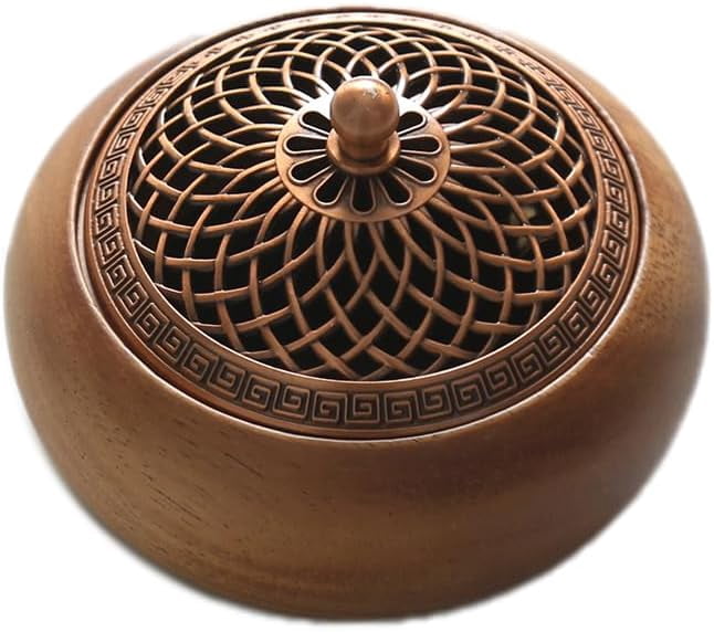 ABCISI Round Incense Burner - Handcrafted Wooden Censer with Alloy Lid ...