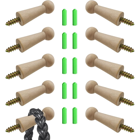 ABCISI Screw-On Solid Wood Hook, Unfinished Hardwood Hanger Hook for Hats Towels Coat, Rounded Edges Spiral Mount Shaker Pegs for Entryway Bathroom Livingroom Garden, 10 Pieces (No Paint)
