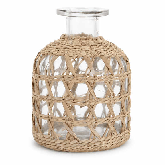 ABCISI Seagrass Glass Bud Vase, Handwoven Wicker Wrapped Flower Bottle, 11.3 x 8 cm Rustic Farmhouse Table Vase for Living Room, Bedroom, Shelf and Centerpiece Decor