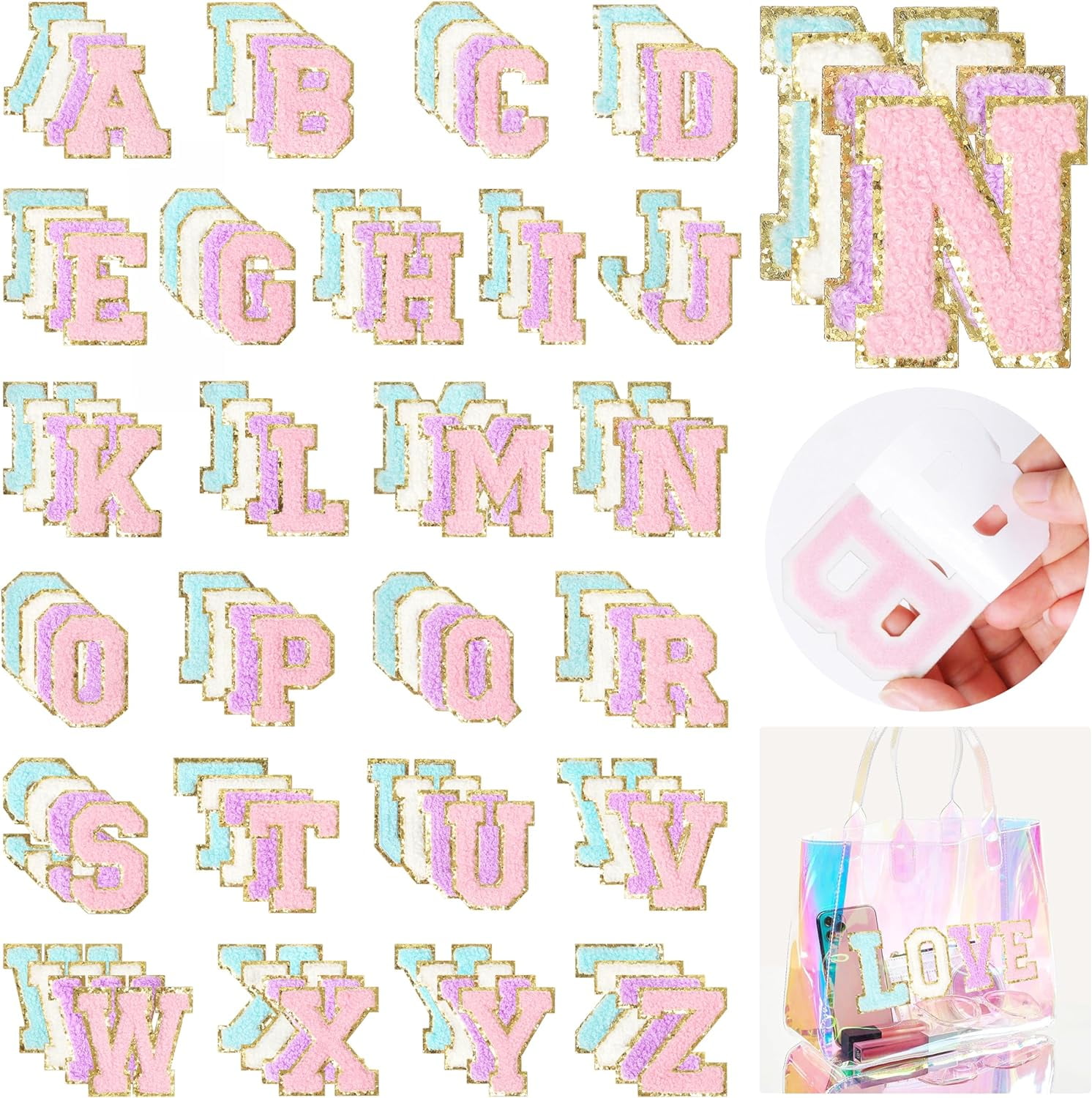 ABCISI Self-Adhesive Chenille Letters Patches: 104PCS Mixed Color Preppy Letter Patches Stickers for Clothing Backpacks - Embroidered Cheille Initial Patch for DIY Decor