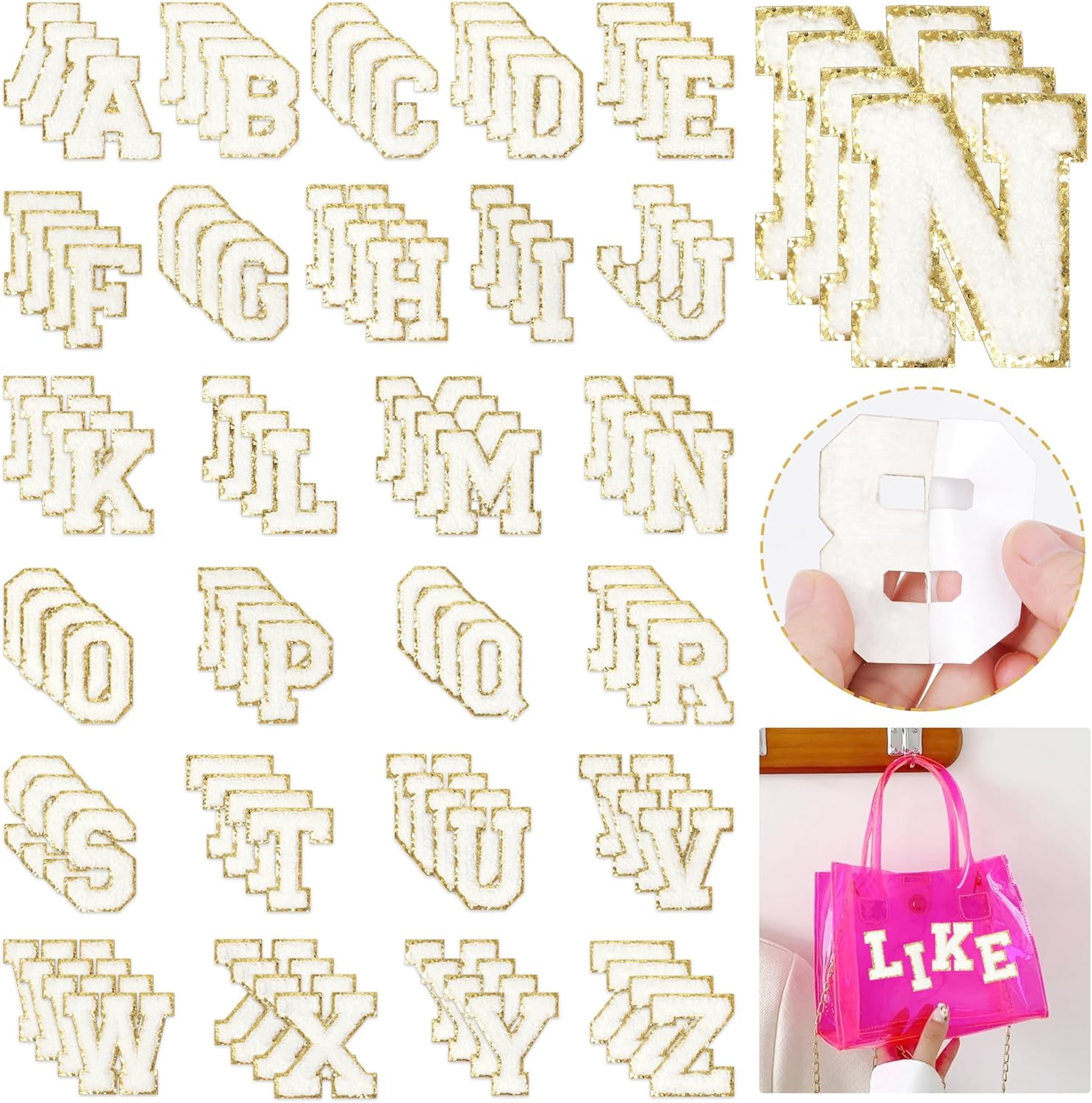 ABCISI Self-Adhesive Chenille Letters Patches: 104PCS White Preppy Letter Patches Stickers for Clothing Backpacks - Embroidered Cheille Initial Patch for DIY Decor