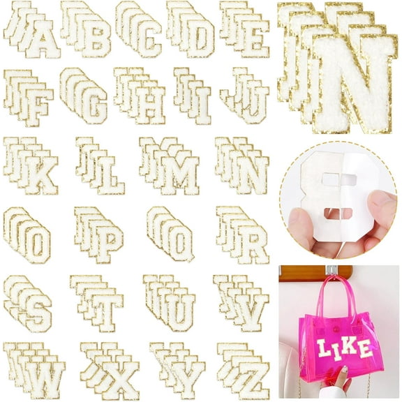 ABCISI Self-Adhesive Chenille Letters Patches: 104PCS White Preppy Letter Patches Stickers for Clothing Backpacks - Embroidered Cheille Initial Patch for DIY Decor